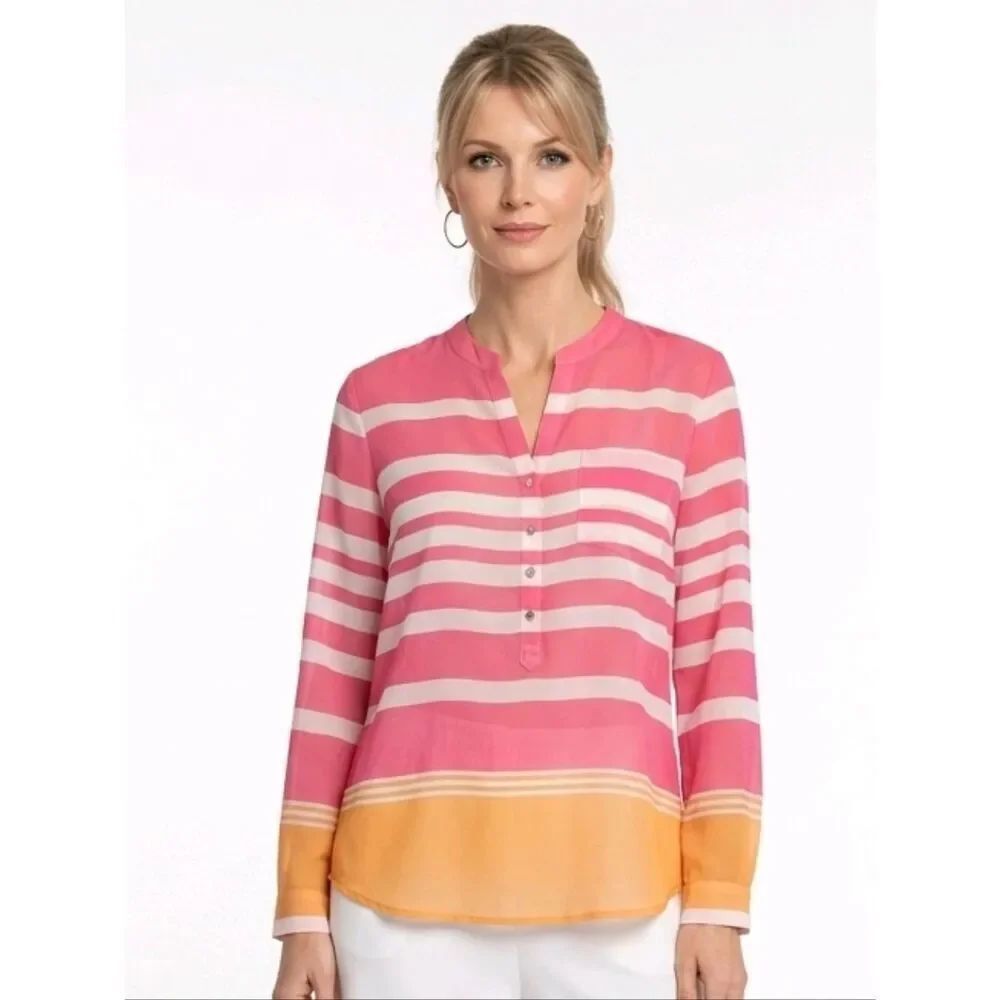 Apt. 9 Pink Striped 1/2 Button Rolled Tab Sleeve Sheer Chiffon Blouse Size MP